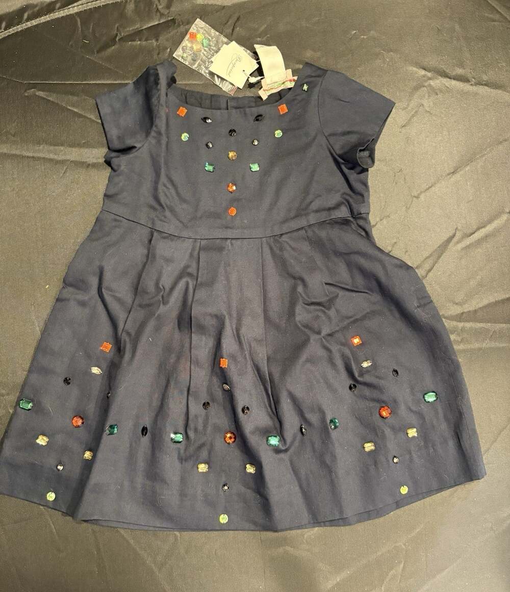 Bonpoint Girls Holiday Dress Navy Colorful Bejeweled Cotton Size 3 yr rhinestone